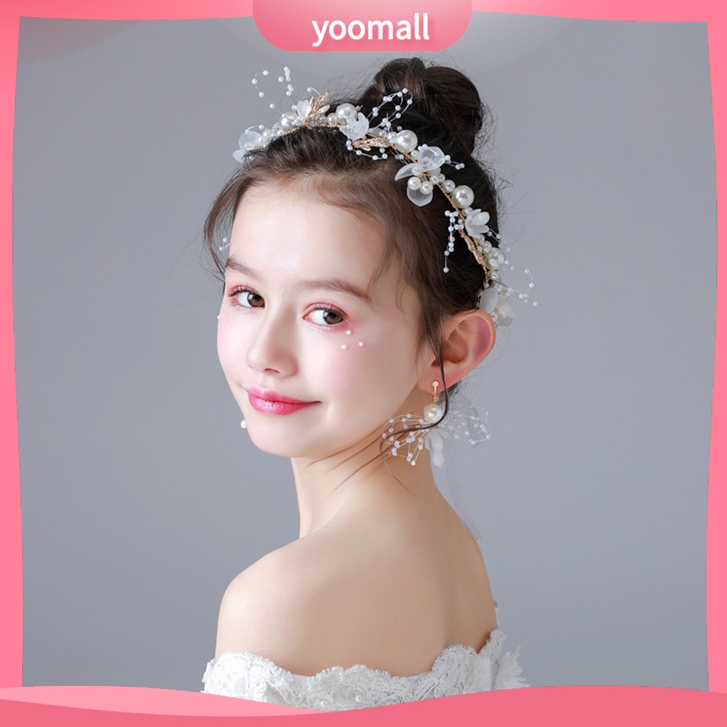 Băng Đô Cài Tóc Hình Vương Miện Công Chúa Đính Hoa Lá Co Giãn Chống Trượt Dễ Điều Chỉnh Cho Bé Gái