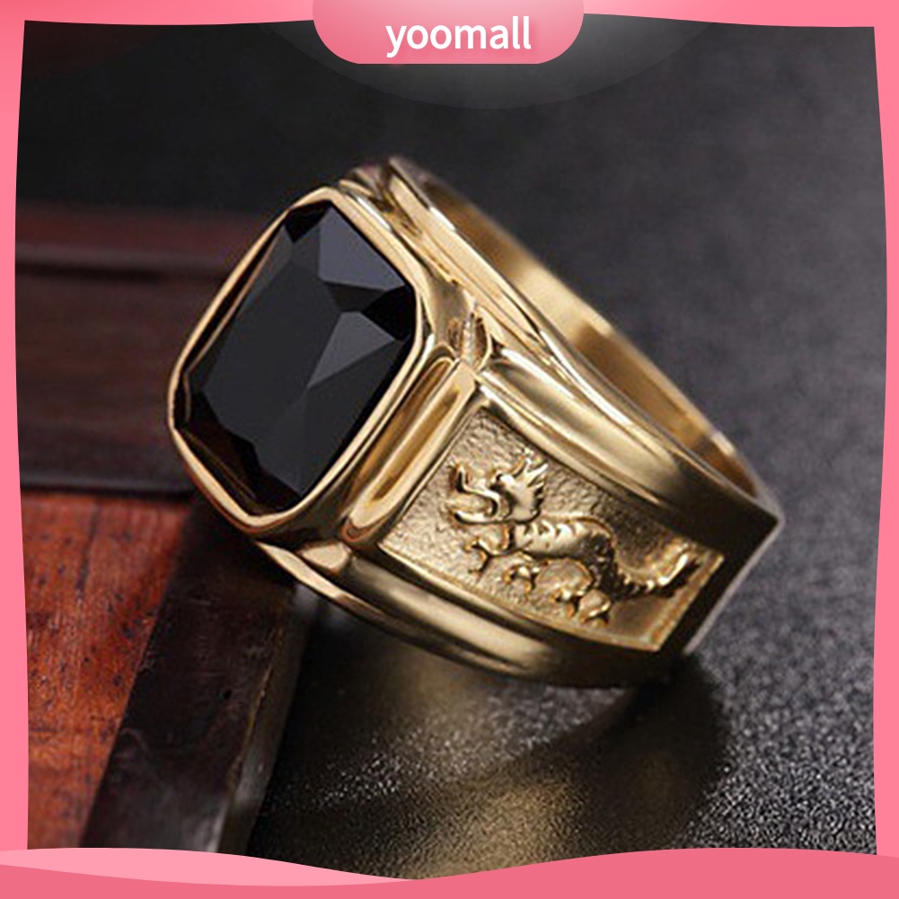 Nhẫn Mặt Vuông Chạm Khắc Hình Rồng Bằng Đồng Đính Đá Cổ Điển Cho Nam