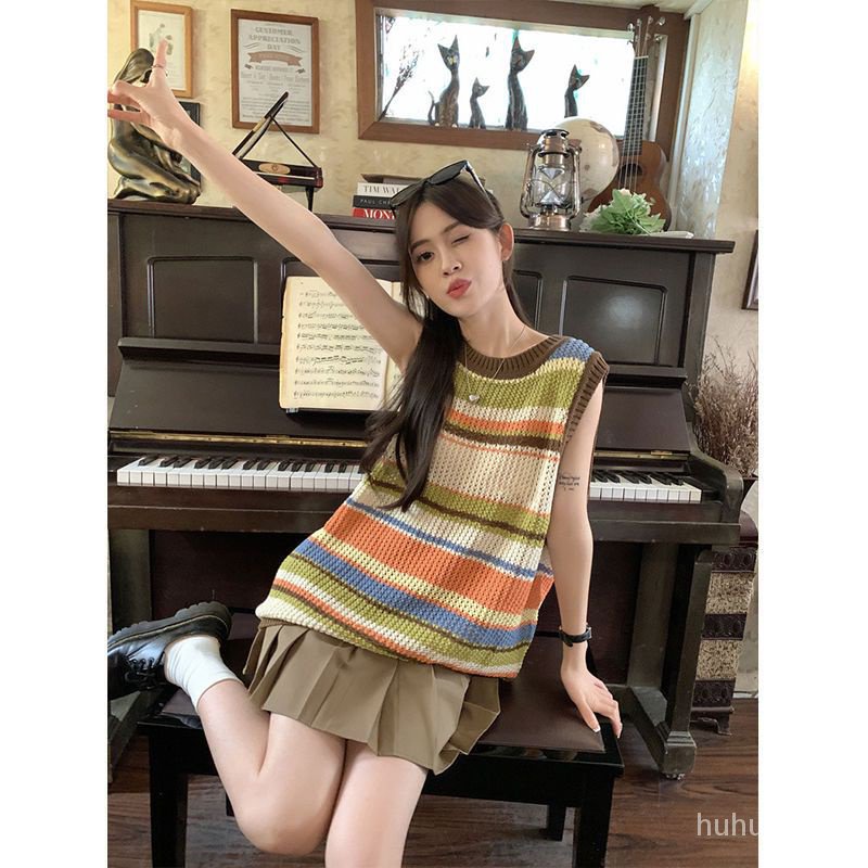 Áo Len Không Tay Họa Tiết Kẻ Sọc Màu Sắc Tương Phản Phong Cách Preppy Ngọt Ngào Cho Nữhuhu01.vn712