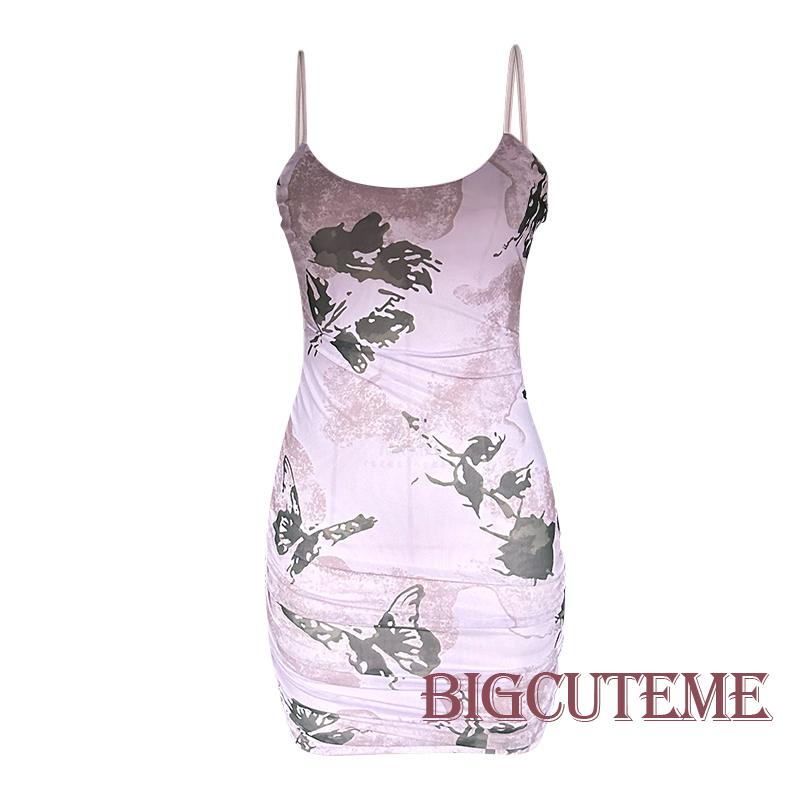 [] - Đầm Mini Hai Dây Ôm Dáng Họa Tiết Bướm Mùa Hè Cho Nữ