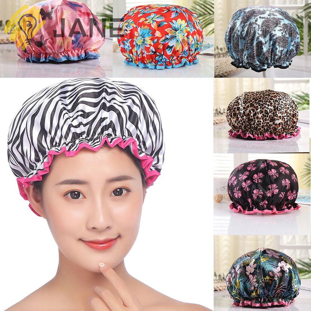 JANE Bộ 2 Mũ Trùm Tóc Bằng Vải Satin Hai Lớp Chống Nước In Họa Tiết Hoa / Da Báo Dễ Thương Cho Nữ