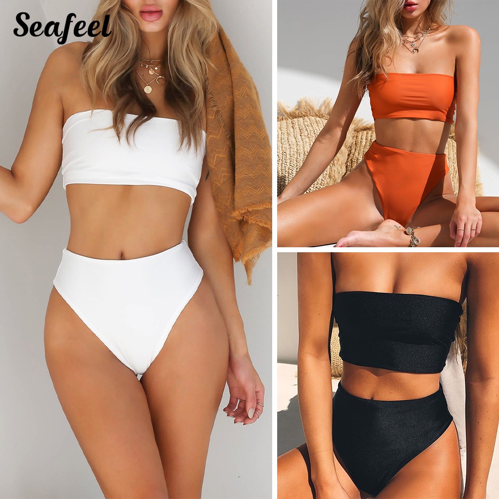 Bộ Đồ Bơi Bikini Dạng Ống Lưng Cao Màu Sắc Trơn Quyến Rũ Dành Cho Nữ