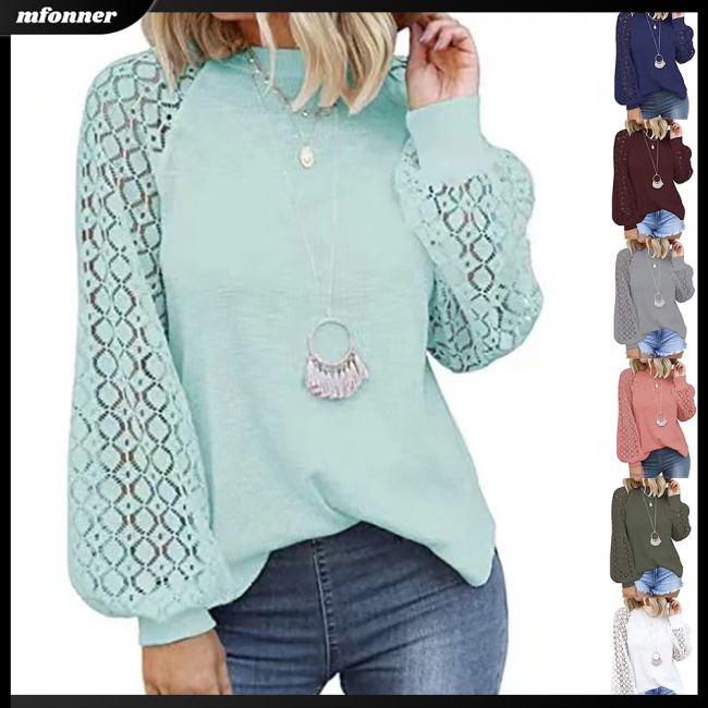 Áo Kiểu Tay Dài Phồng Phối Ren Lỗ Màu Sắc Trơn Thời Trang Cho Nữ
