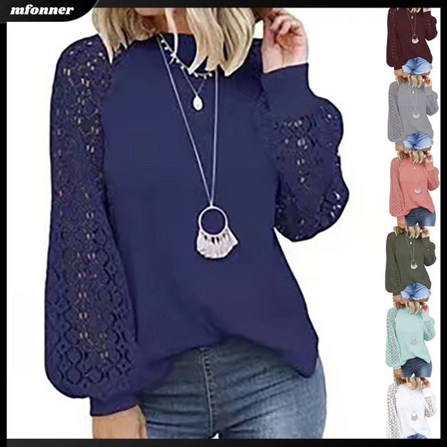 Áo Kiểu Tay Dài Phồng Phối Ren Lỗ Màu Sắc Trơn Thời Trang Cho Nữ