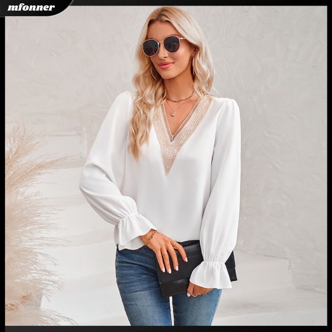 Áo Ren Tay Dài Cổ Chữ V Màu Sắc Thanh Lịch Dành Cho Nữ