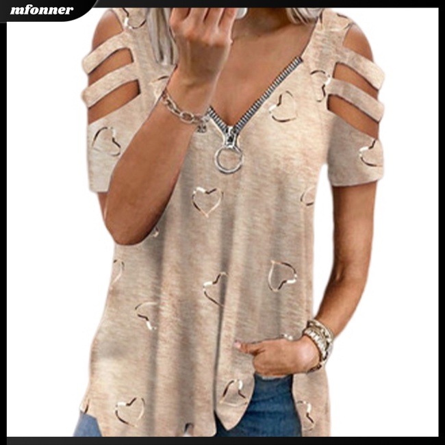 Áo Thun Tay Ngắn Dáng Rộng Cổ Chữ V Có Khóa Kéo In Họa Tiết Thanh Lịch Cho Bạn Gái