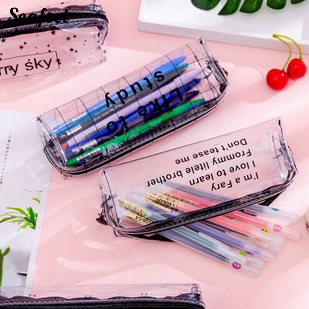 Túi Đựng Bút Trong Suốt In Chữ / Biển Dễ Thương Có Khóa Kéo Tiện Dụng