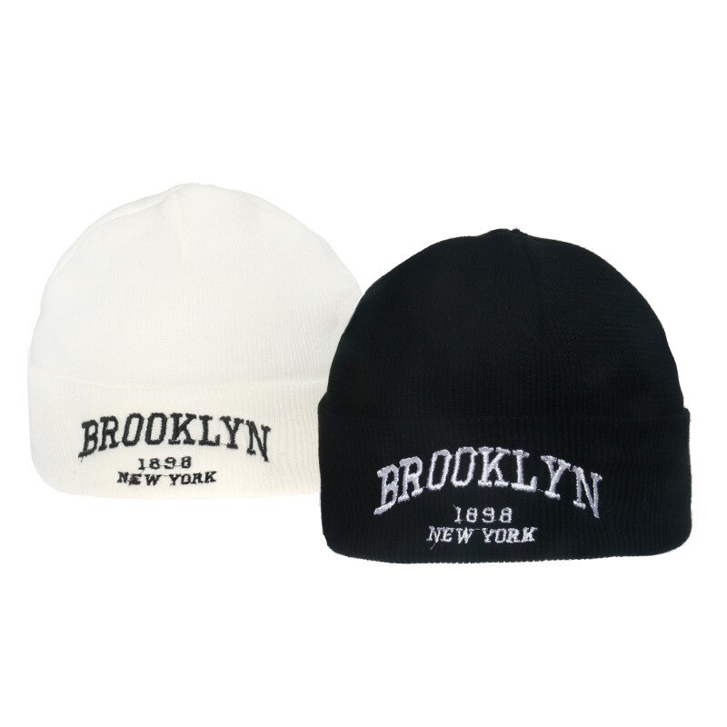 Mũ Len Beanie Không Vành Co Giãn Thêu Chữ Màu Trắng Đen Thời Trang Thu Đông Cho Nam Và Nữ