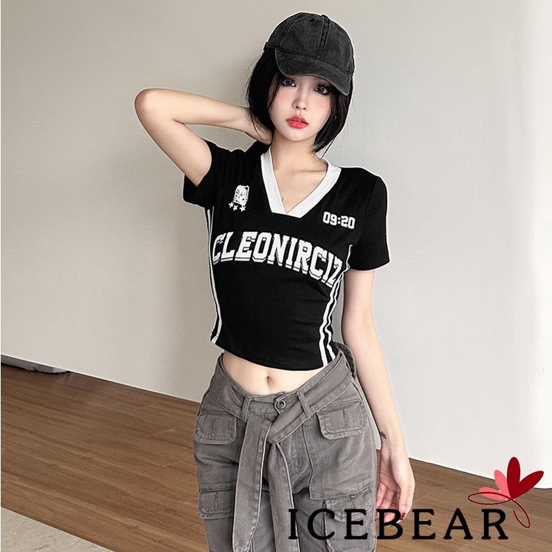 Áo Thun Lửng Ngắn Tay Cổ Chữ V Màu Đen Nữ Tính