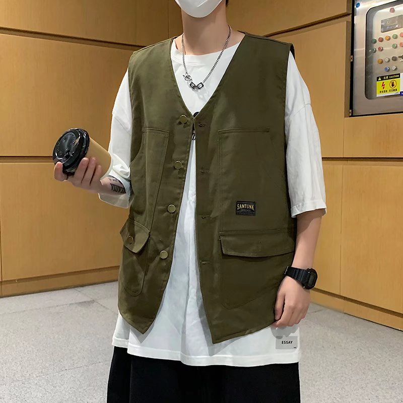 Áo Khoác Ghi Lê Mỏng Dáng Rộng Nhiều Túi Phong Cách Nhật Bản Thời Trang Mùa Hè Cho Nam