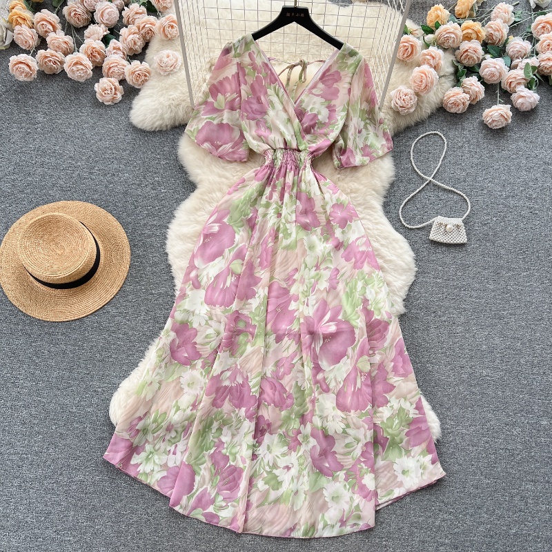 Đầm Chiffon Cổ Chữ V Lưng Cao Dáng Ôm In Họa Tiết Vintage Thời Trang Mùa Hè Quyến Rũ Cho Nữ