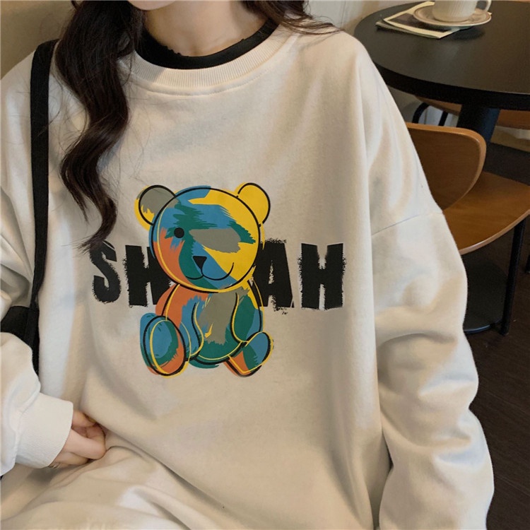 G-Fashion Áo Sweater dài tay in hoa cổ tròn màu đen dễ phối rộng rãi khí chất mỏng phong cách Hàn Quốc mùa thu cho nữ