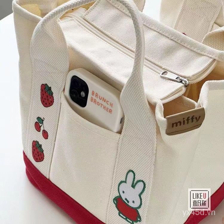 Túi Xách Canvas Thêu Hình Thỏ Dễ Thương Phong Cách Nhật Bản
