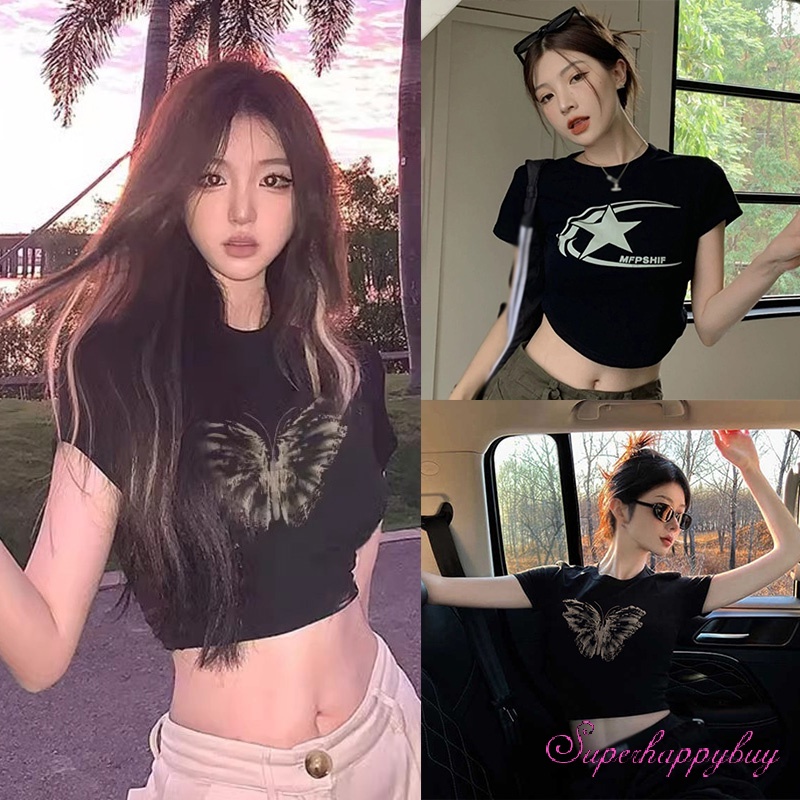 Áo Thun Ngắn Tay Cổ Tròn In Họa Tiết Bướm Và Chữ Thời Trang Mùa Hè Cho Nữ