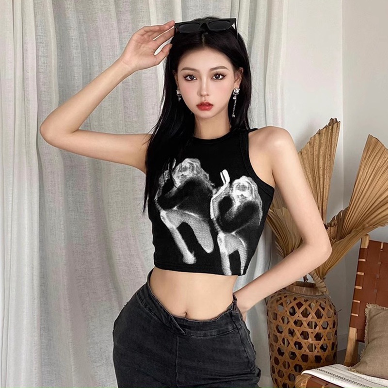 Áo Croptop Sát Nách Cổ Tròn Phong Cách Retro Mỹ