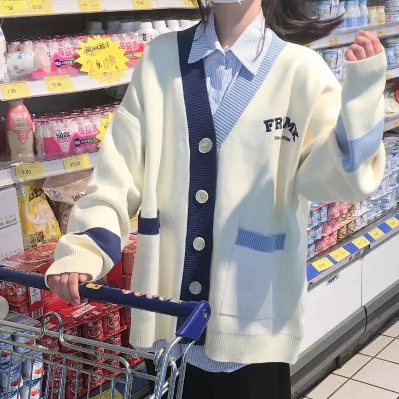 Áo Khoác Cardigan Dệt Kim Thêu Chữ Phối Màu Phong Cách Hàn Quốc Thời Trang Cho Nữ