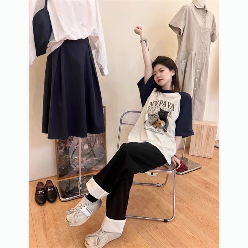 HIIXIIVI Áo Thun 100% Cotton Tay Ngắn Dáng Rộng Cổ Tròn In Chữ Thời Trang Cho Nữ