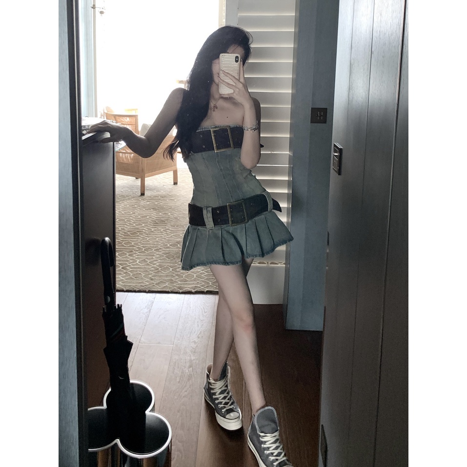 Đầm Denim Ngắn Dáng Ôm Phong Cách Retro Thời Trang Mùa Hè Dành Cho Nữ 5JLB