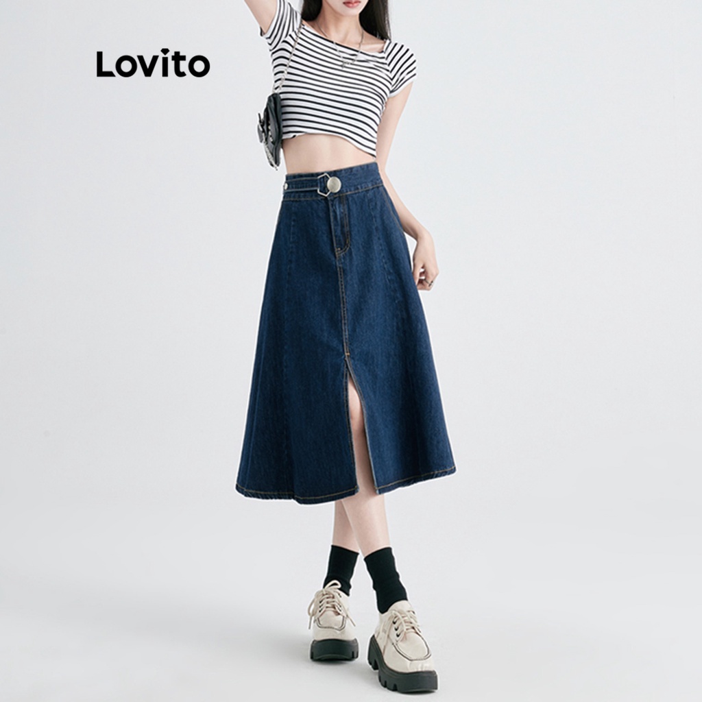 Chân váy denim Lovito phối nút phía trước xẻ tà xếp nếp màu trơn thường ngày cho nữ LNE13119 (Xanh dương đậm)