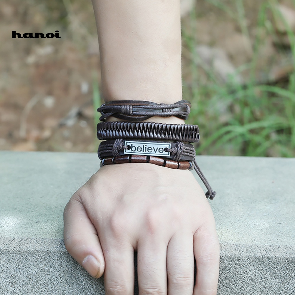Set 4 Vòng Tay Bện Dây Giả Da Nhiều Lớp Thời Trang Cho Nam