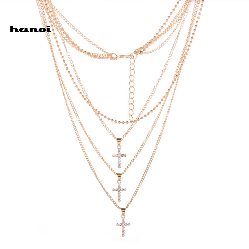 Vòng cổ Đa LớP MặT Chữ ThậP ĐíNh Kim Cương Giả ThờI Trang Cho Nữ