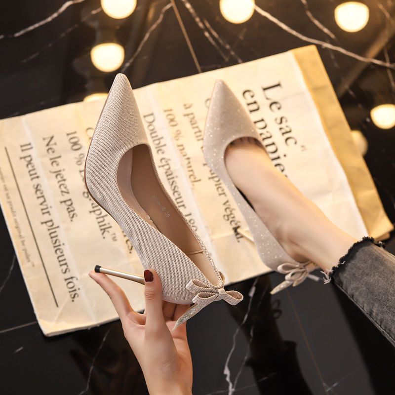 Giày Cao Gót Mũi Nhọn Đính Nơ Thời Trang Pháp Cho Nữ