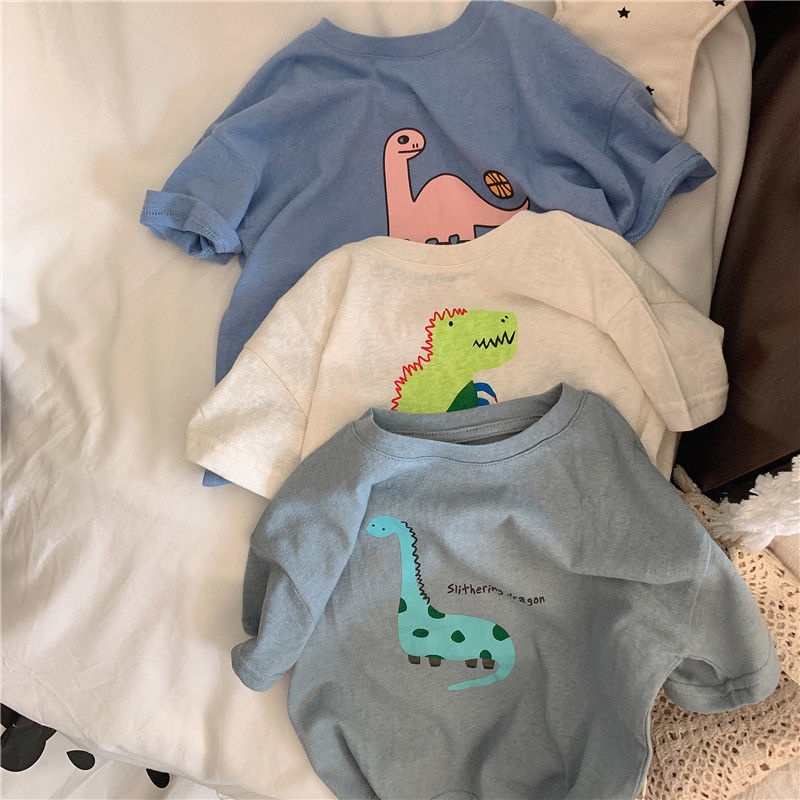 Áo Thun Cotton Tay Ngắn Dáng Rộng In Hình Khủng Long Thoáng Khí Thân Thiện Với Da Cho Bé