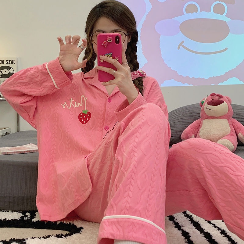 Bộ Đồ Ngủ Chất Cotton Tay Dài In Họa Tiết Trái Dâu Tây Dễ Thương Thời Trang Xuân Thu Cho Nữ