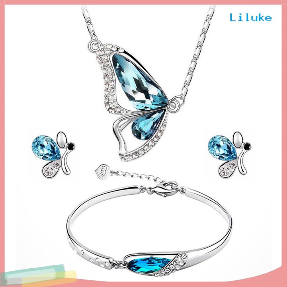 Bộ Vòng cổ + Đôi Khuyên Tai + Vòng Đeo Tay Hình Bươm Bướm Đính Đá Nhân Tạo Thời