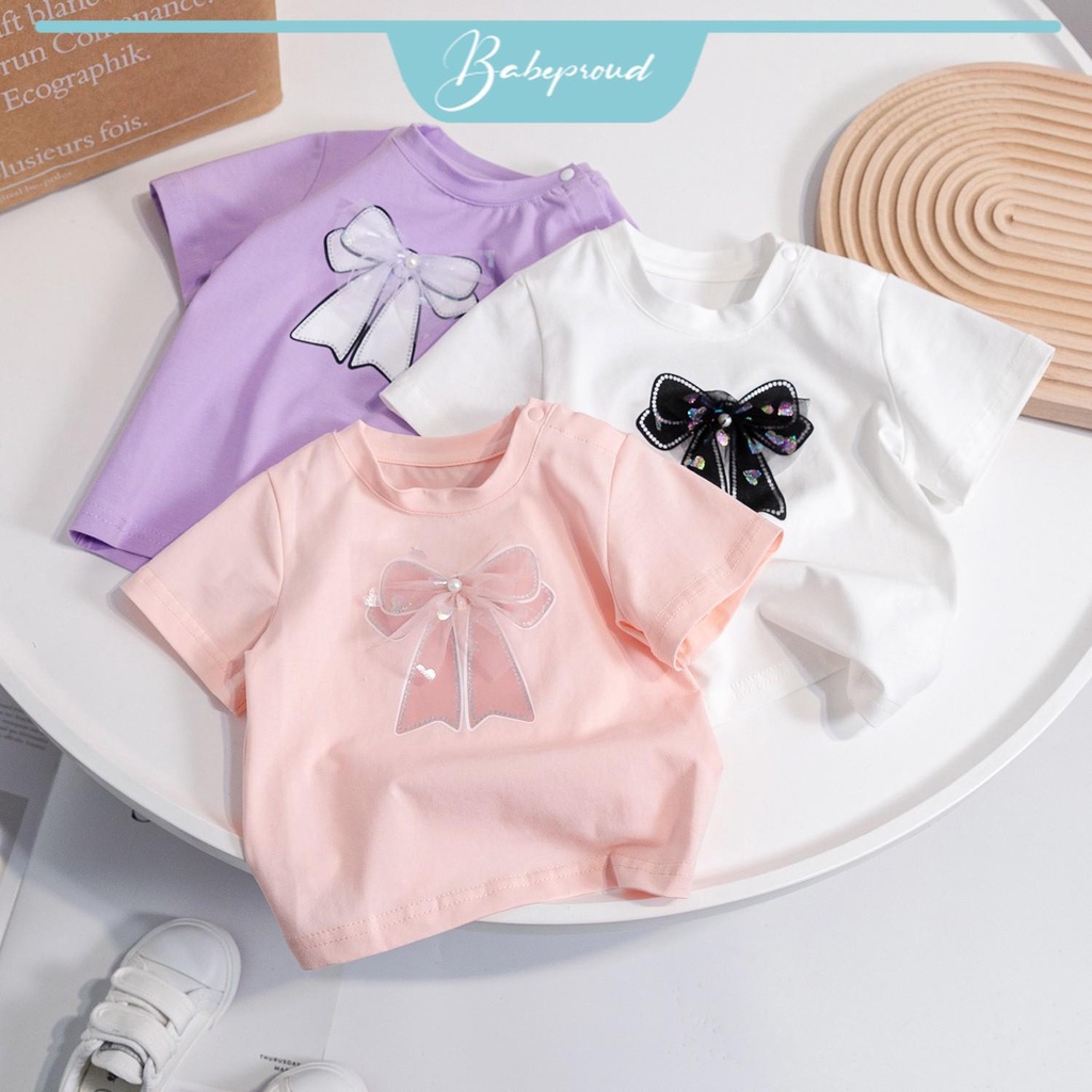 BABEPROUD  Áo Thun Tay Ngắn Thắt Nơ Màu Kẹo Dễ Thương Thời Trang Mùa Hè Cho Bé Gái 2-7 Tuổi
