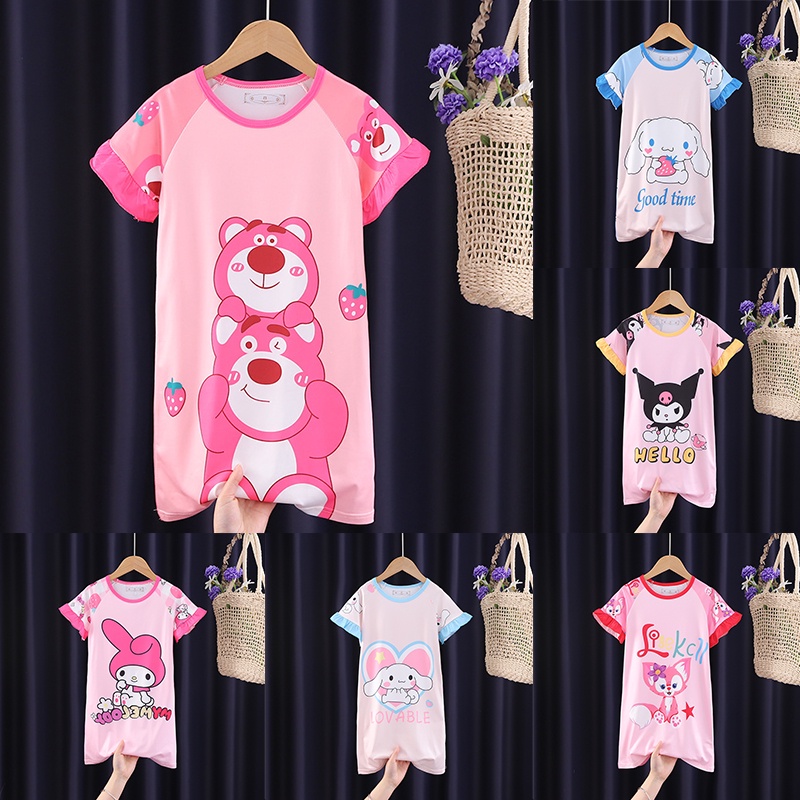 váy Bộ Đồ Ngủ Gấu Dâu Tay Ngắn In Hình Kuromi Sanrio Cinnamoroll Dễ Thương Pijama Cho Bé Gái