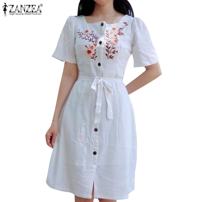 Zanzea Đầm Cotton Ngắn Tay Cổ Vuông Thêu Họa Tiết Kèm Thắt Lưng Phong Cách Hàn Quốc Cho Nữ