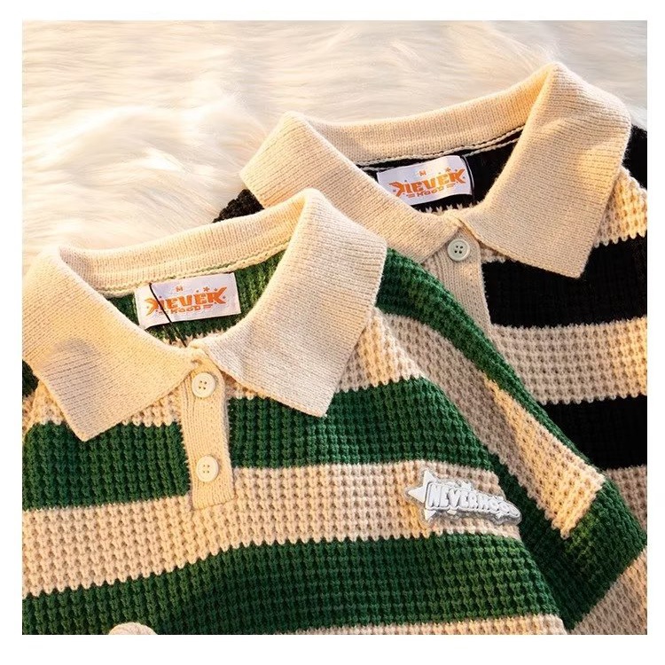 Áo Sweater polo Dáng Rộng Mềm Mại Sọc Xanh Lá Kiểu Nhật Bản Thời Trang Cao Cấp Cho Nam