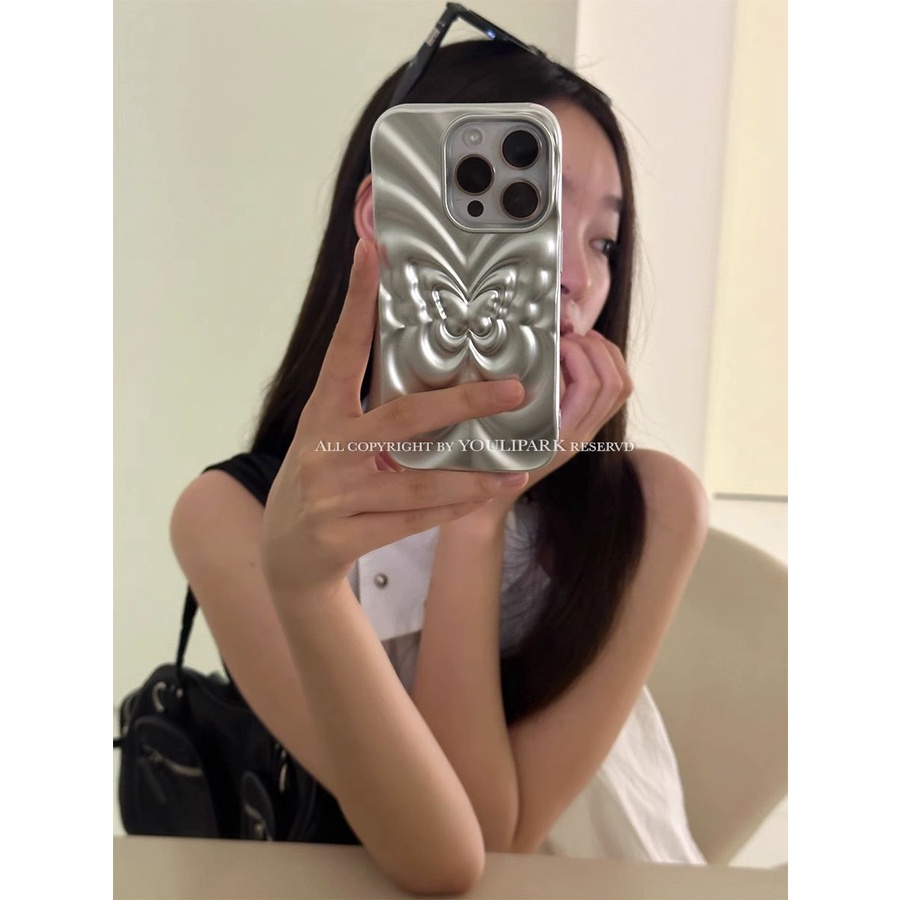 Ốp Điện Thoại Màu Bạc Họa Tiết Bươm Bướm Sang Trọng Chống Rơi Cho Iphone13 14pro 13pro 14 14promax 14