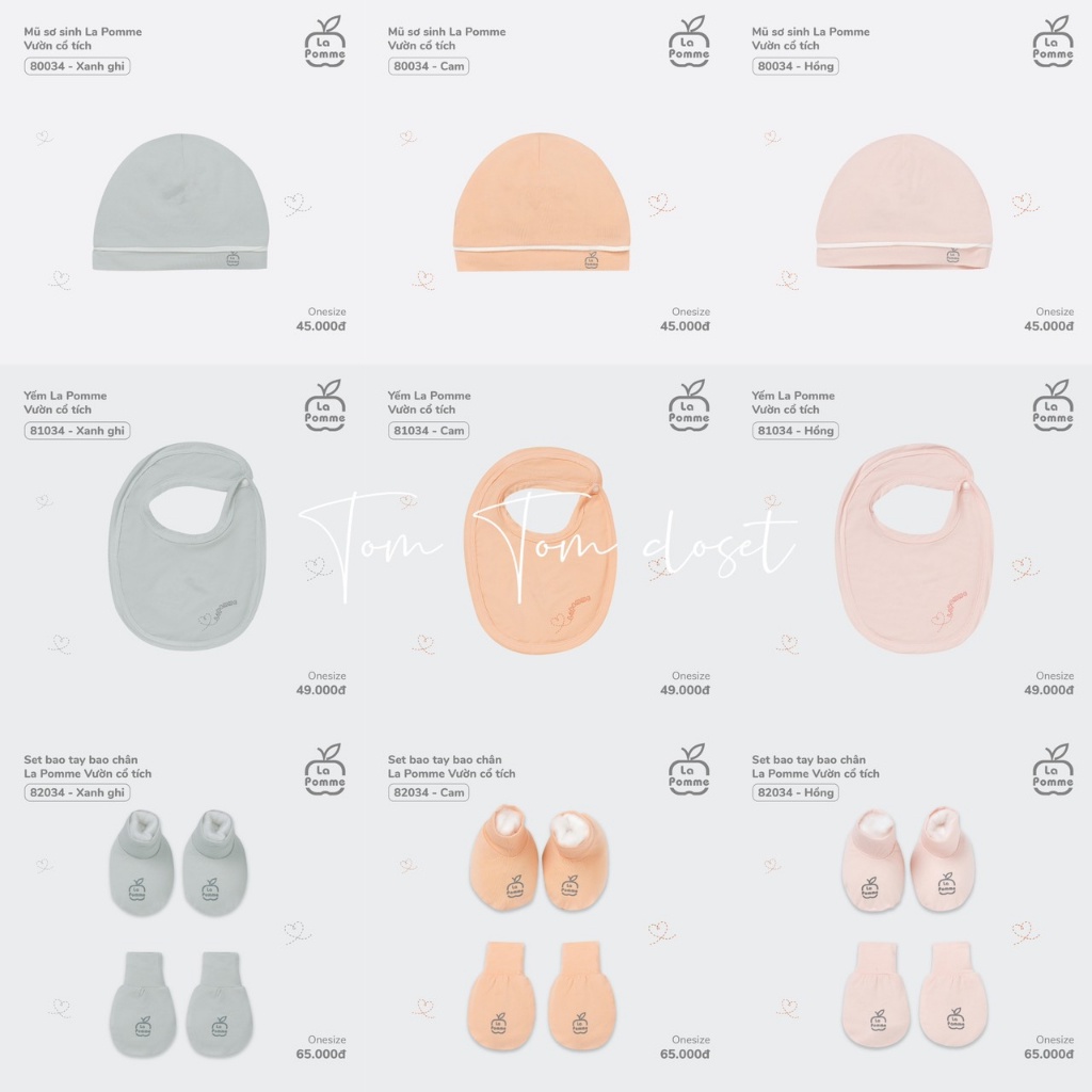 La Pomme - Phụ kiện mũ + đôi bao tay + đôi bao chân + Yếm Lapomme cho bé sơ sinh đủ màu NB FULL