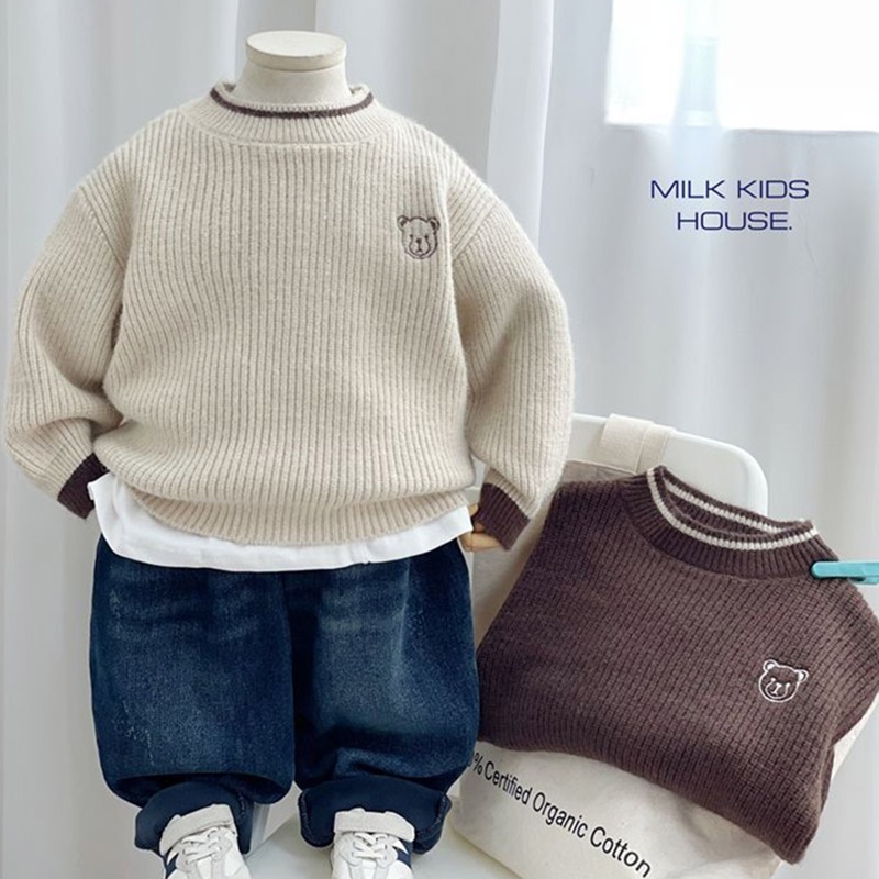 Áo sweater Dệt Kim Tay Dài Cổ Tròn Màu Trơn Thời Trang Thu Đông Hàn Quốc Cho Bé Trai Và Gái