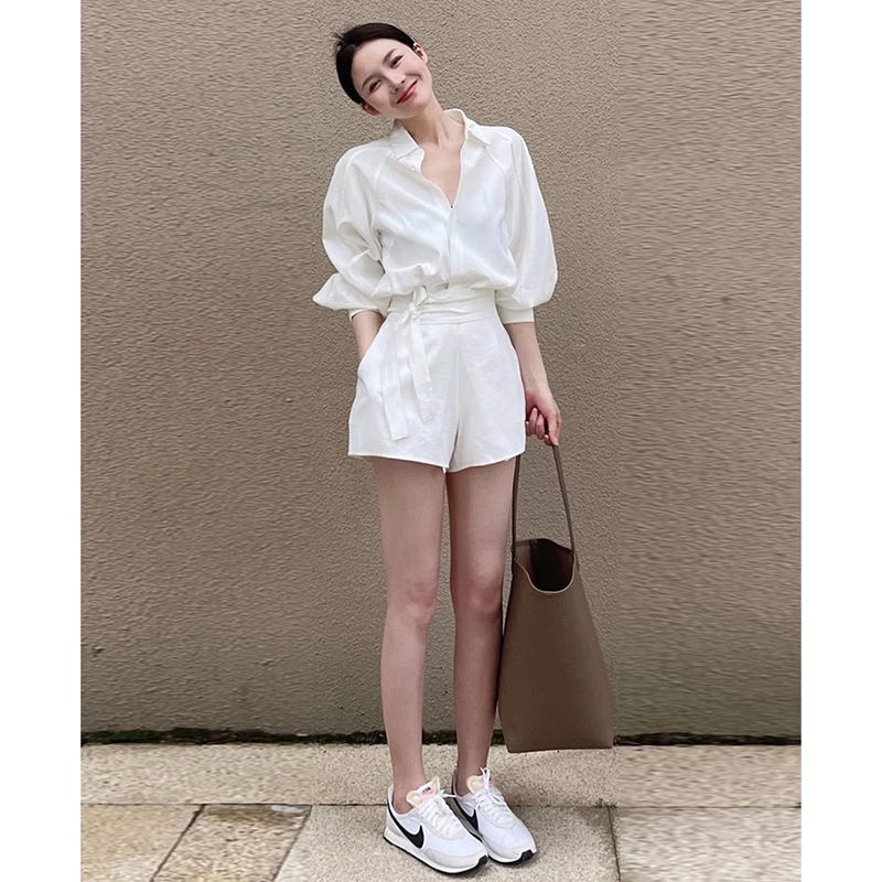 Set Áo Sơ Mi Trắng Tay Dài Dáng Rộng + Quần Short Thời Trang Mới 2023 Cho Nữ|Túi Đeo Chéo Thời Trang Hàn Cho Nữ