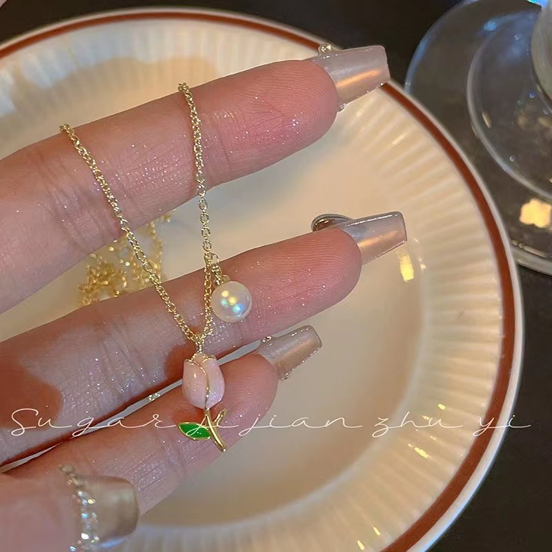 Vòng cổ Mạ Vàng Mặt Hình Hoa tulip Đính Ngọc Trai Nhân Tạo Thời Trang