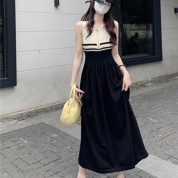 Đầm Midi Không Tay Màu Sắc Tương Phản Phong Cách Pháp Cổ Điển Thời Trang Mùa Hè Cho Nữ