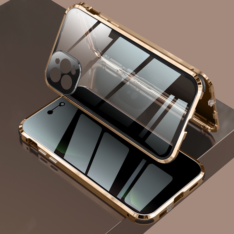 Ốp Điện Thoại Mặt Kính Viền Kim Loại Từ Tính Chống Nhìn Trộm Cho iPhone 14 13 Pro Max 14Plus