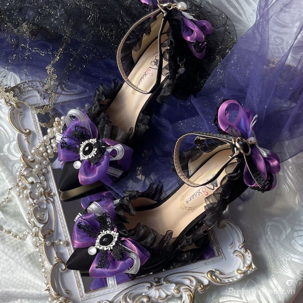 Worry-giày Cưới Lolita Cao Gót Đính Hoa Thủ Công Màu Tối Phong Cách Gothic Mùa Hè Cho Nữ Miaojiang