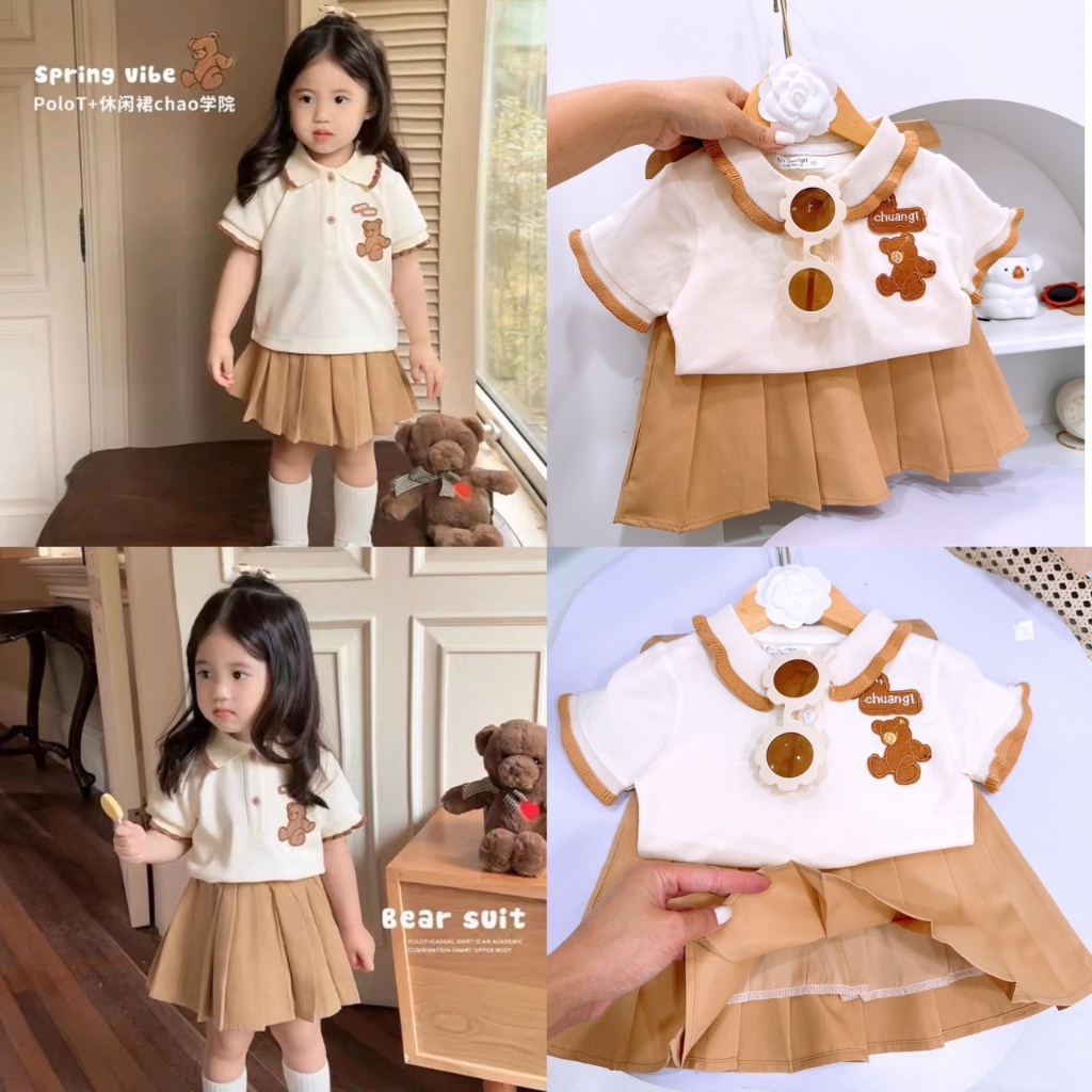 SET ÁO POLO HÌNH CHÚ GẤU CHÂN VÁY KÈM LÓT QUẦN BÊN TRONG(HSNAU)
