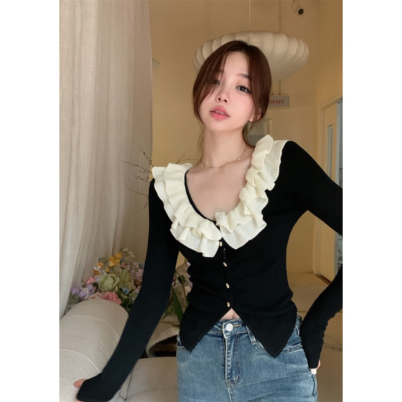 Áo Sweater Tay Dài Cổ Phối Bèo Thiết Kế Mới Thời Trang Mùa Thu Dành Cho Nữ