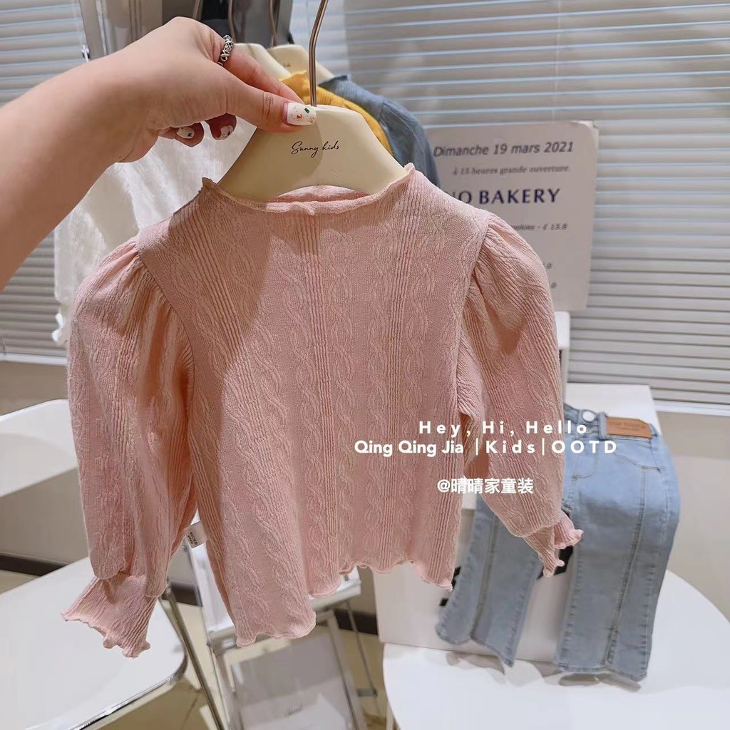 Áo Dệt Kim Tay Phồng Phối Ren Phong Cách Hàn Quốc Thời Trang Mùa Thu Mới 2023 Cho Bé Gái 80-150CM