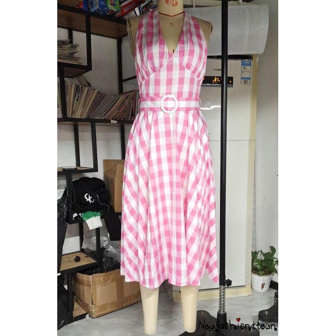 Nfashion-women ́s dễ thương barbie màu hồng kẻ sọc dây cổ váy midi ôm vừa vặn