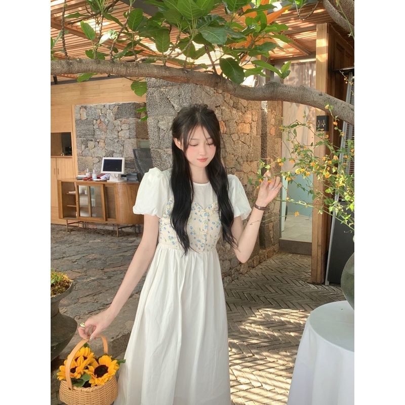 Váy dài thời trang retro hoa giả hai chiếc váy dài eo người phụ nữ