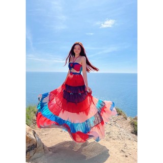 Đầm maxi đi biển loang màu xinh đẹp ombre cầu vòng khoét eo phối bông hoa dễ thương du lịch sống ảo sang chảnh quyến rũ