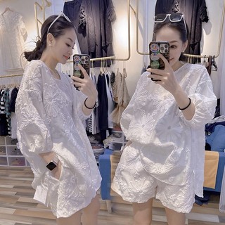 Set Áo Thun Ngắn Tay Và Quần Short Jacquard Thời Trang Xu Hướng Cho Nữ