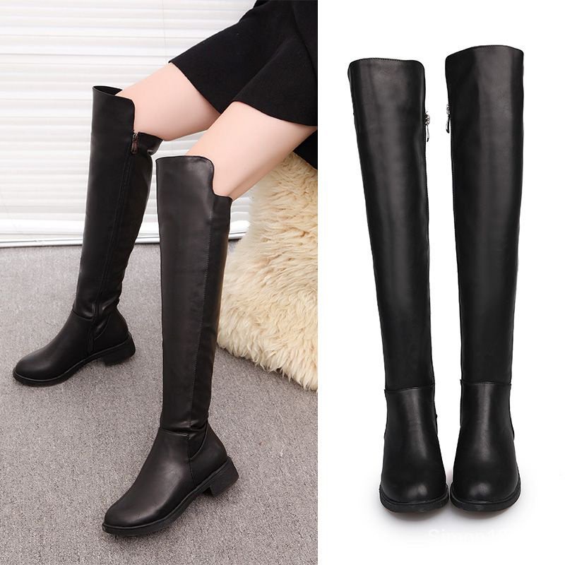 Ống cao bằng phẳng gót thấp ống dài thời trang mỏng hơn nhìn over-the-knee boots boots của phụ nữ âu mỹ giày dây kéo bên