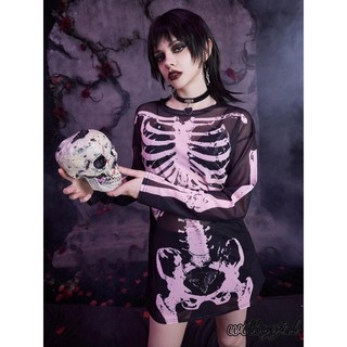 Witty-áo thun lưới dài tay cổ tròn dài tay in họa tiết đầu lâu Gothic